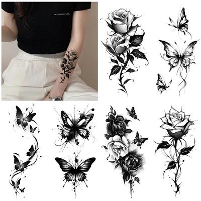 Emmy Black Series Butterfly Rose Flower Tattoo Sticker Set Water Transfer Paper