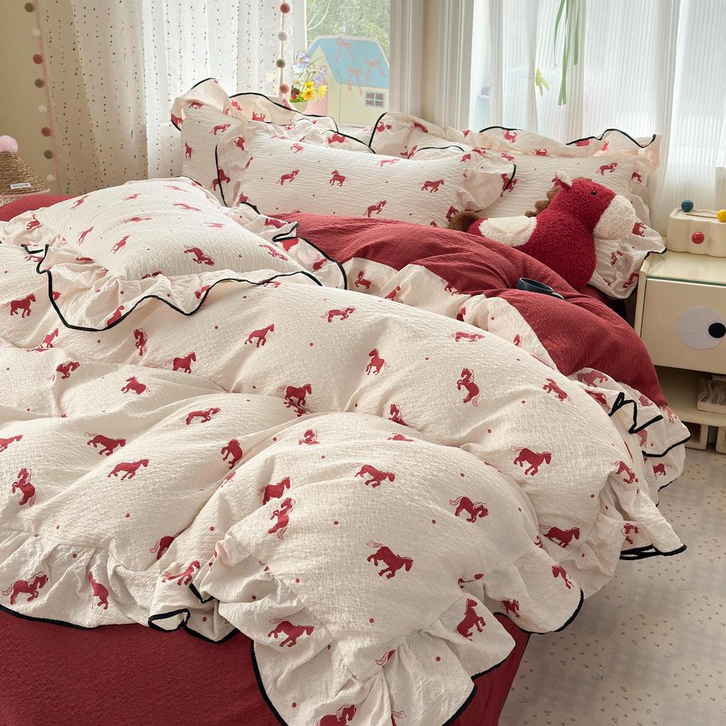 Bubble Cotton Fresh Floral Lace Bedding Set - 4-Piece Soft Duvet Cover & Sheet