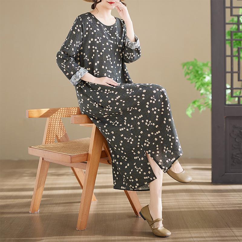 In-Stock Printed Long-Sleeve Round Neck Plus Size Cotton Dress L