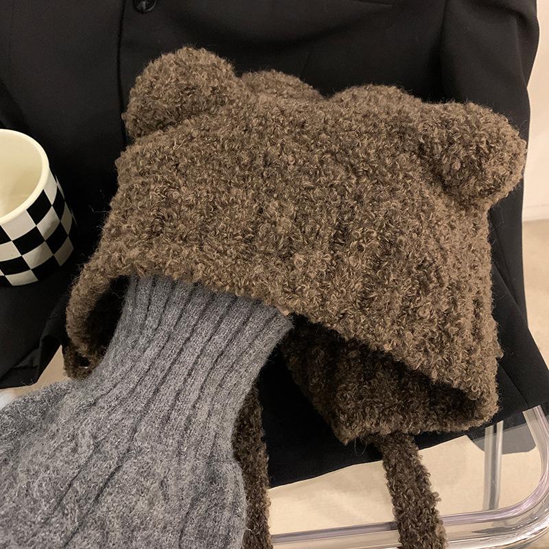 Cute bear hat female winter warm gray ear hat autumn and winter knitted wool hat big head circumference