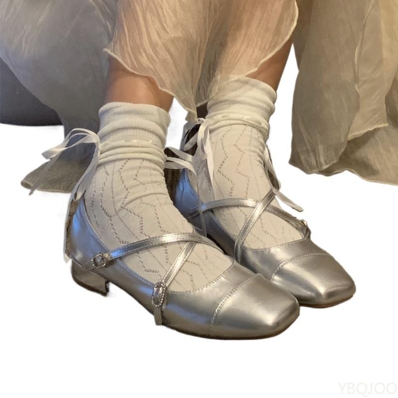 Madingi sidabriniai baleto odiniai batai moterims, prancūziški Mary Jane aukštakulniai, madingi žemo kulno kvadratinės nosies batai, kryžiuotas dirželis, nauji moteriški aukštakulniai