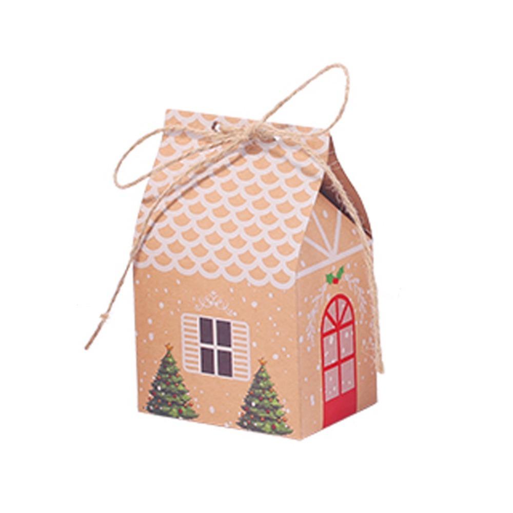 20Pcs Christmas Candy Boxes Bags Kraft Paper House Shape Gift Box Party Decor Portable Christmas Tree Pendant Christmas Eve Gift