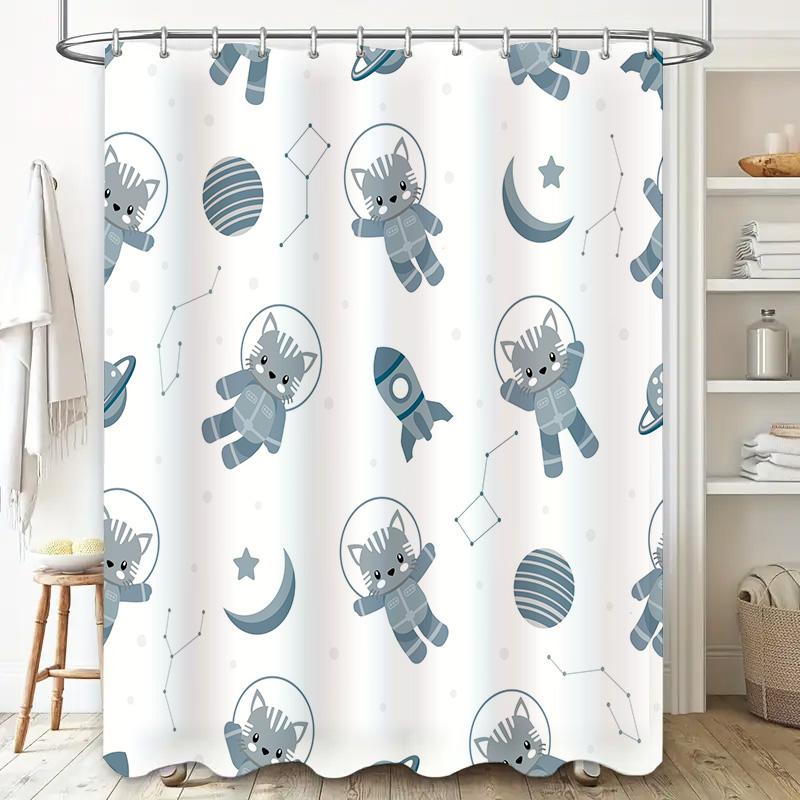 Stylish Cartoon Astronaut Cat Print Bathroom Curtain Set Waterproof Shower Curtain for Kids Bathrooms Decor Home Accessories