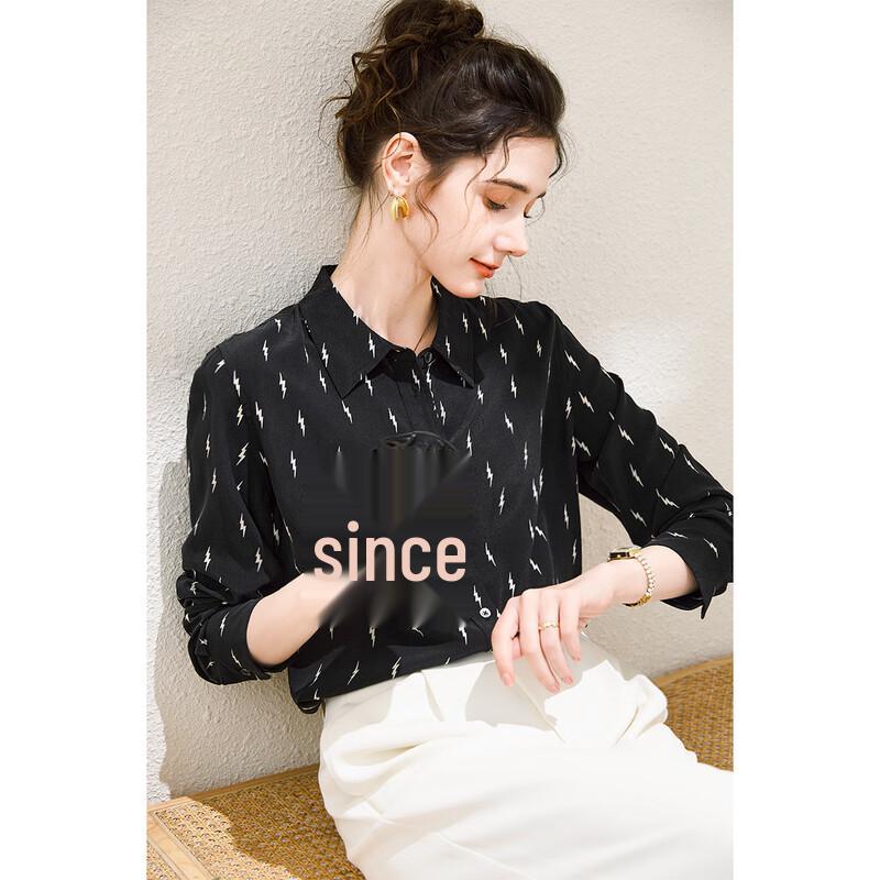 TUHUANG 100% Mulberry Silk Lightning Print Long Sleeve Casual Shirt M