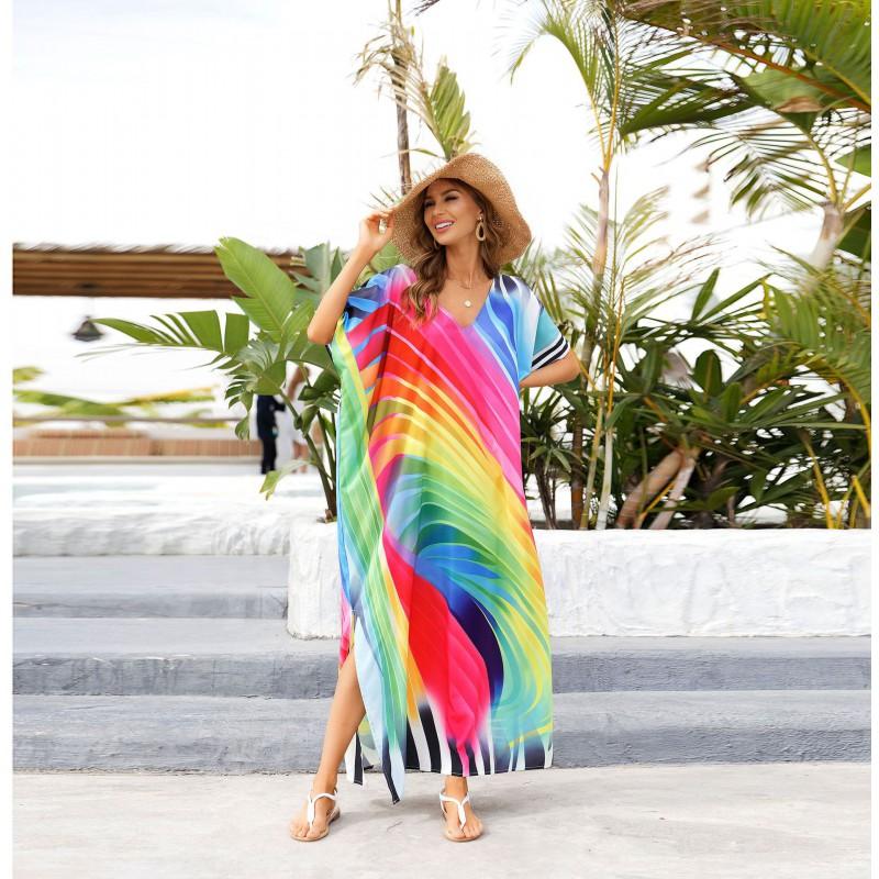 Womens Lightweight Beach Cover Up Dress With Rainbow Stripe Print 4-Way Stretch Swimwear Overlay Vacation Poolside Rainbow Stripes