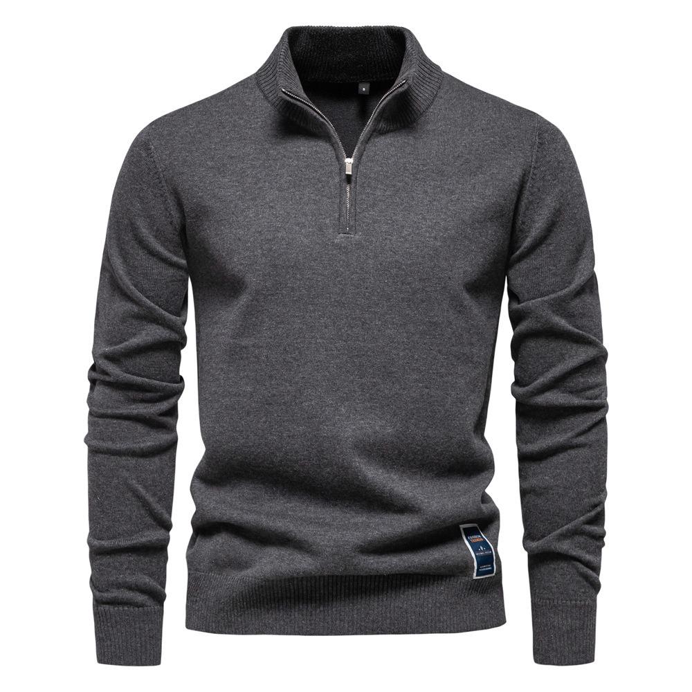 2026 Solid Color Pure Cotton Pullover with Male Standing Collar, Sliding Zipper, Form-fitting Men's Knitted Shirt Top