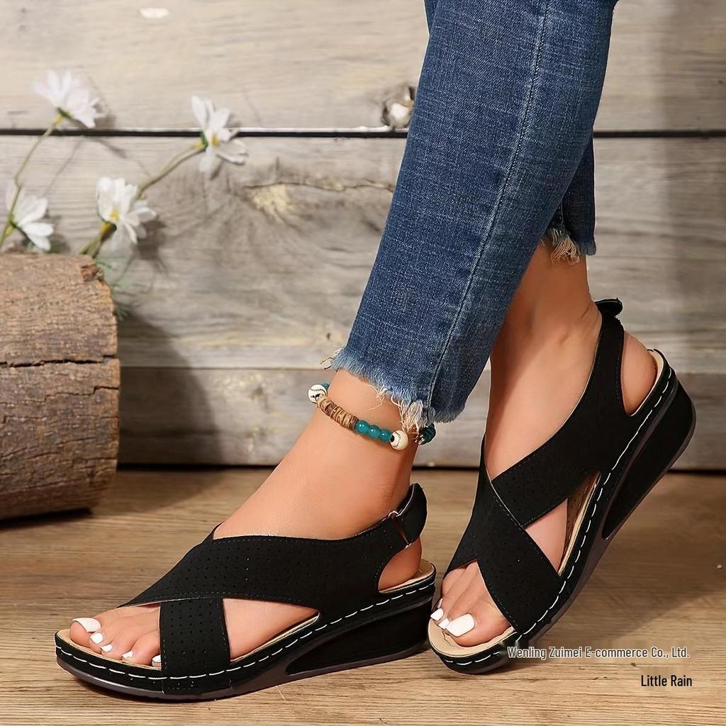Southeast Asia Women's Cross-Strap Velcro Wedge Sandals - Lightweight, Thick-Soled Beach Sandals