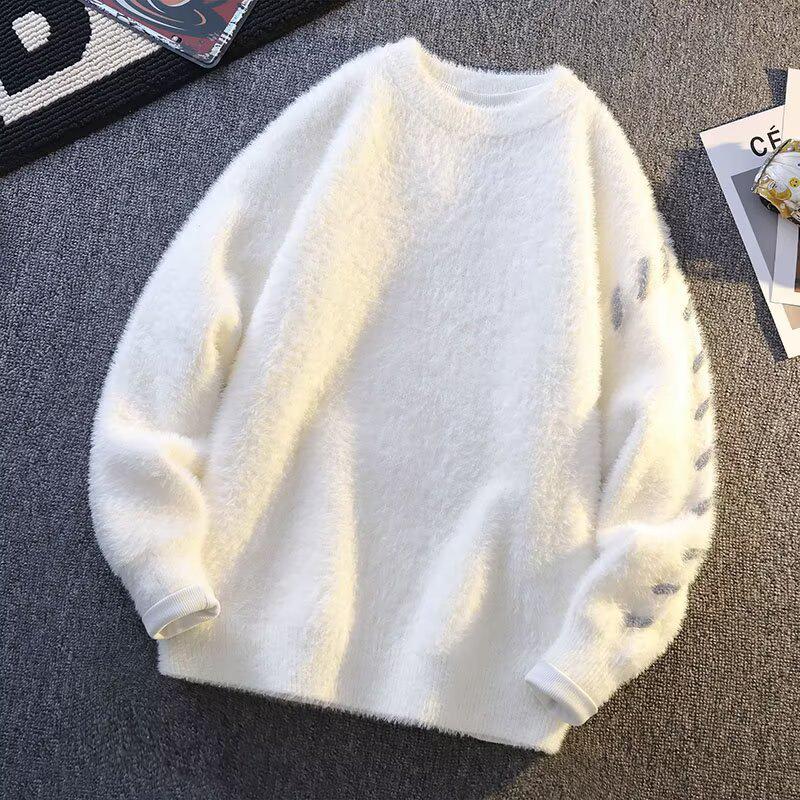 Men s Korean Style Oversized Mink Velvet Sweater - Round Neck, Plain Color, Warm Knitwear for Autumn/Winter L