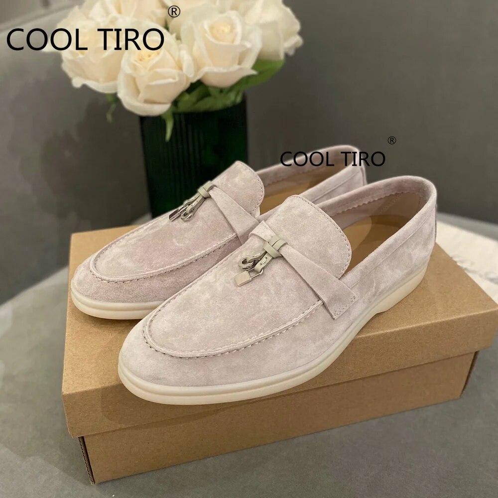 Woman Flat Shoes Slip On Women Loafers Leather Metal Lock Blue Suede Moccasins Mules Casual Driving Shoe Summer Walk Shoes Femme