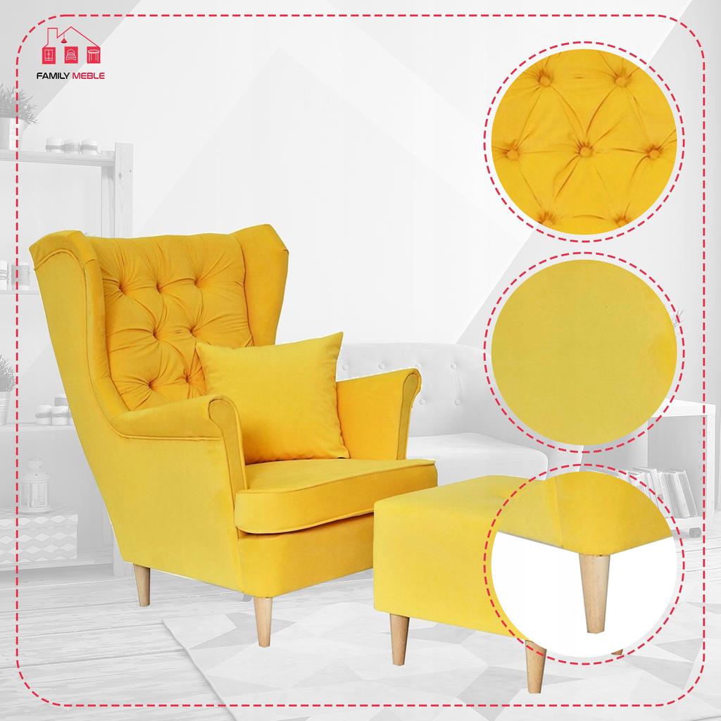 Fotel uszak Gaja z podnóżkiem skandynawski Family Meble yellow + pufa