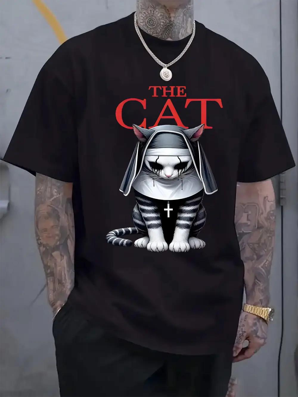 Round Neck Short Sleeve T-shirt with a Dark Nun Cat Print S