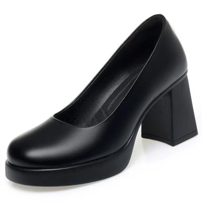 8cm Comfortable Fashion Shallow Mouth Soft Leather Shoes Women Pumps Fall Block High Heels Shoes for Office Model Court