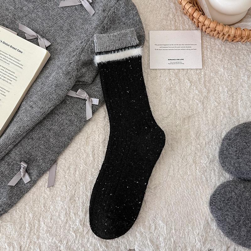 Grey Wool Socks, Autumn and Winter Socks, Women's Mid-calf Socks, Boneless Socks, Warm Thickened Striped Pile-up Long Socks