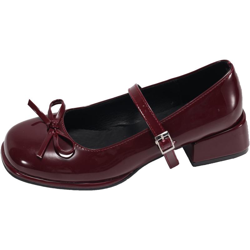 

French silver design bow one-word buckle thick heel Mary Jane shoes women s 2025 summer new versatile single shoes 40 бордовый