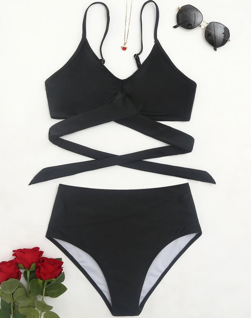 Sexy Damen-Badeanzug, schwarz, hinten gebunden, hohe Taille, Bikini-Set, Strandmode, Badeanzüge