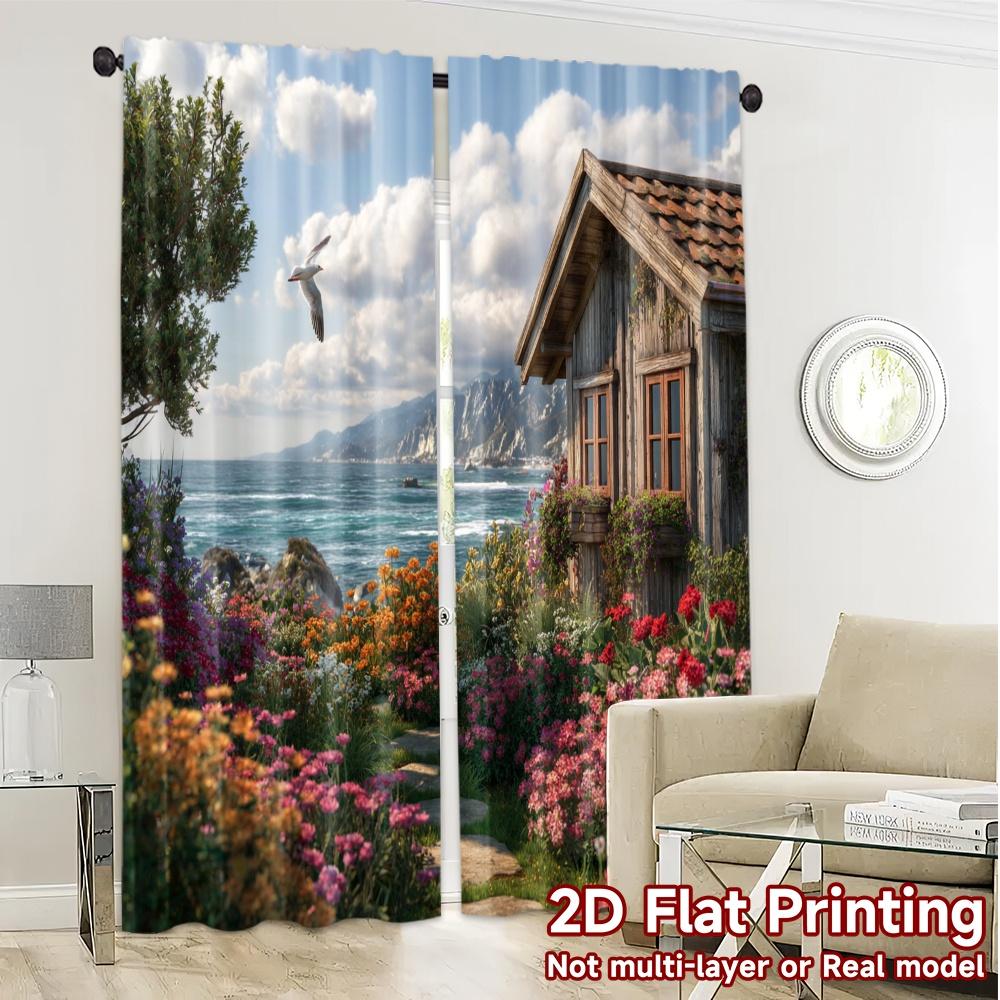2pcs, 2D FLAT PRINTING Curtains (Without Rod) Seaside Cottage Popular Curtain Polyester Curtains Decorations Outdoor Suitable