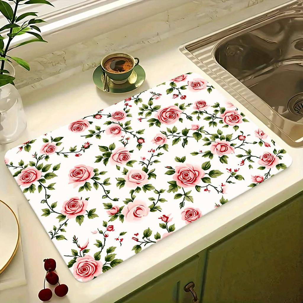 1Pcs Rubber Drying Mat With  Floral ButterflyPrint For Coffee Shop Restaurant Kitchen Carpet Tableware Durable Diatom Mud Table Mat Pet Mat Coffeeware