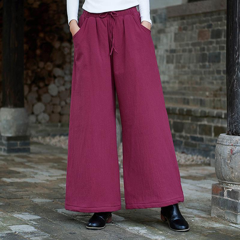 Johnature Fashion All-match Casual Retro Elastic Waist Wide Leg Pants Autumn Winter Simple Comfortable Women Warm Pants