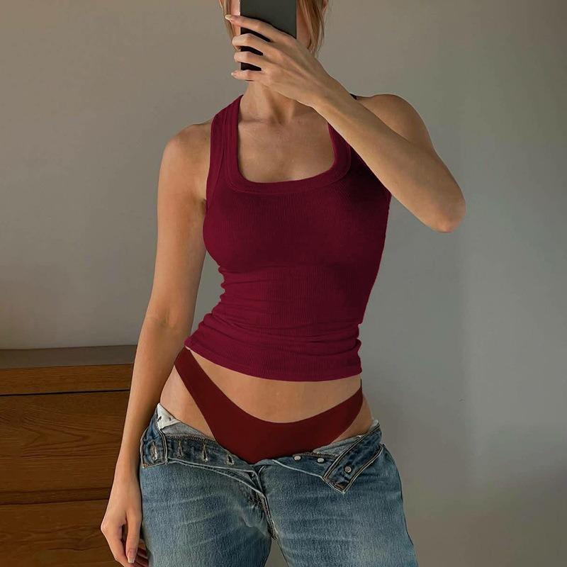 Women European Style Solid Color U Neck Slim Fit Cropped Racerback Tank Top