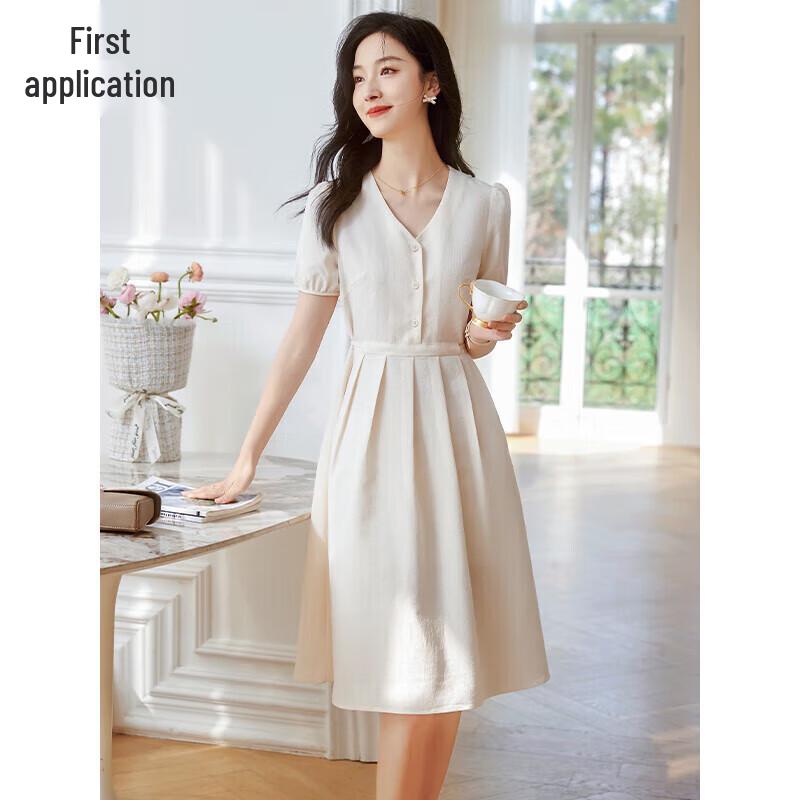 

Women s Summer French Style V-Neck Short Sleeve Slimming Dress L
