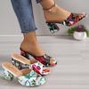 2024 New European and American Style Fashionable Round Head Set Foot High Heel Casual Women's Roman Graffiti Slippers
