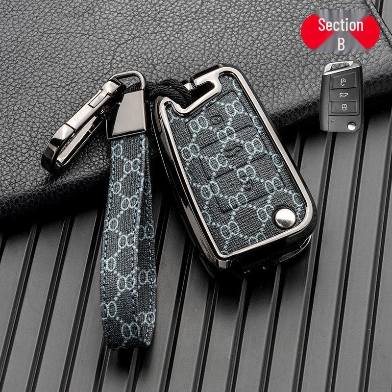Volkswagen/Skoda Double-Sided Leather Zinc Alloy Car Key Case - Non-Signal Blocking, Full-Wrap Design