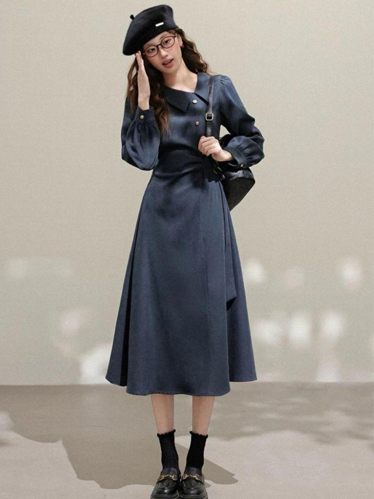 Elegant Blue Long-Sleeve Dress for Women - Korean Design