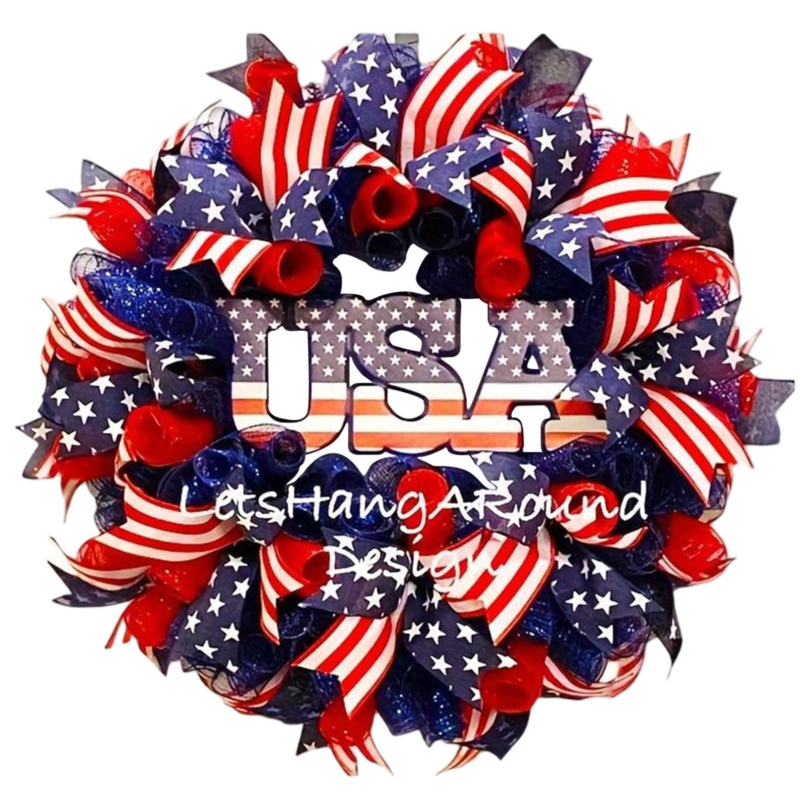 

USA Patriotic Wreath 45cm Decorative Mesh Ribbon Stars Stripes Design for Outdoor Indoor Wall Door Hanging Decoration One Size