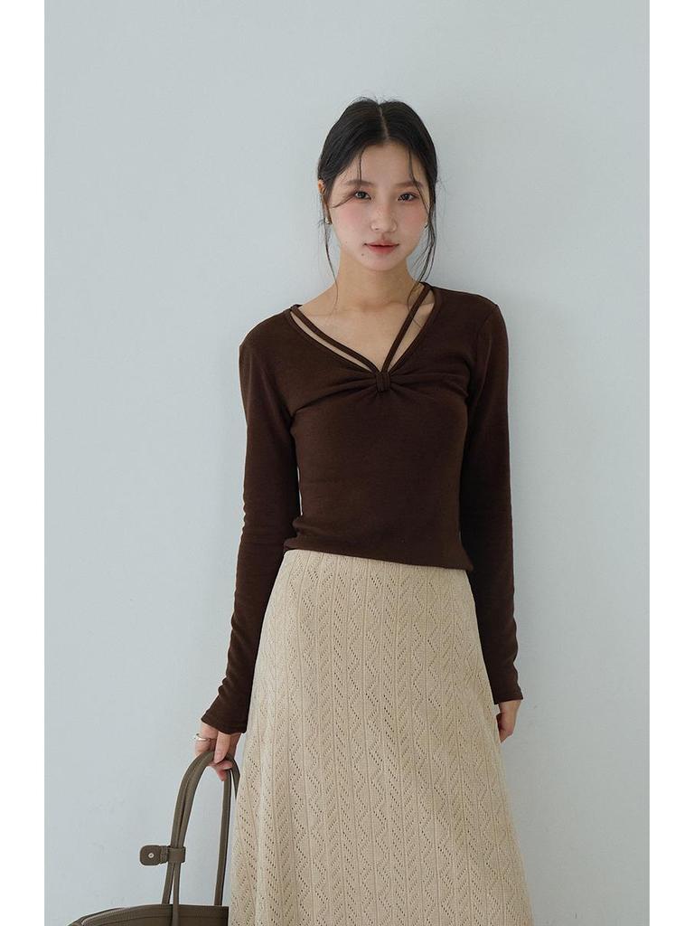 Koreanischer Stil Schwarzer texturierter High-Waist figurbetonter A-Linien-Strick-Midirock für Damen