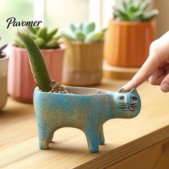 Breathable Clay Flower Pot Ceramic Cat Planter, Cute Kitty with Drainage Hole, Stable Base Planter Decorative Plant for Succulents Cactus Indoor Table