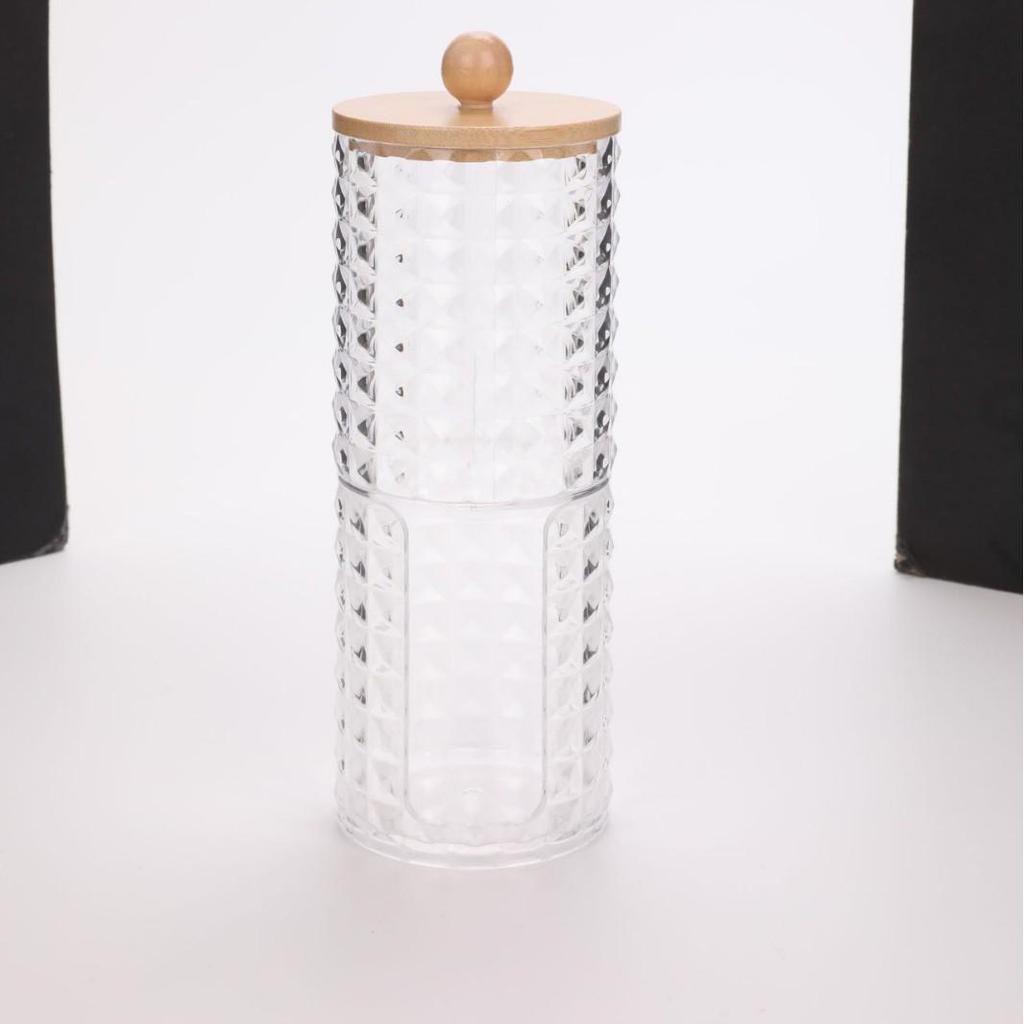 Diamond Pattern Cotton Pad Organizer with Wooden Lid - Multi-Purpose Desktop Storage Box