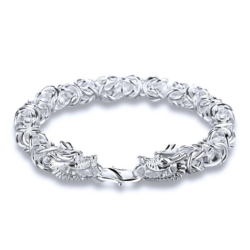 Men's Frosted & Polished Dragon Head Hand-Woven Bracelet In Retro Copper-Plated Silver