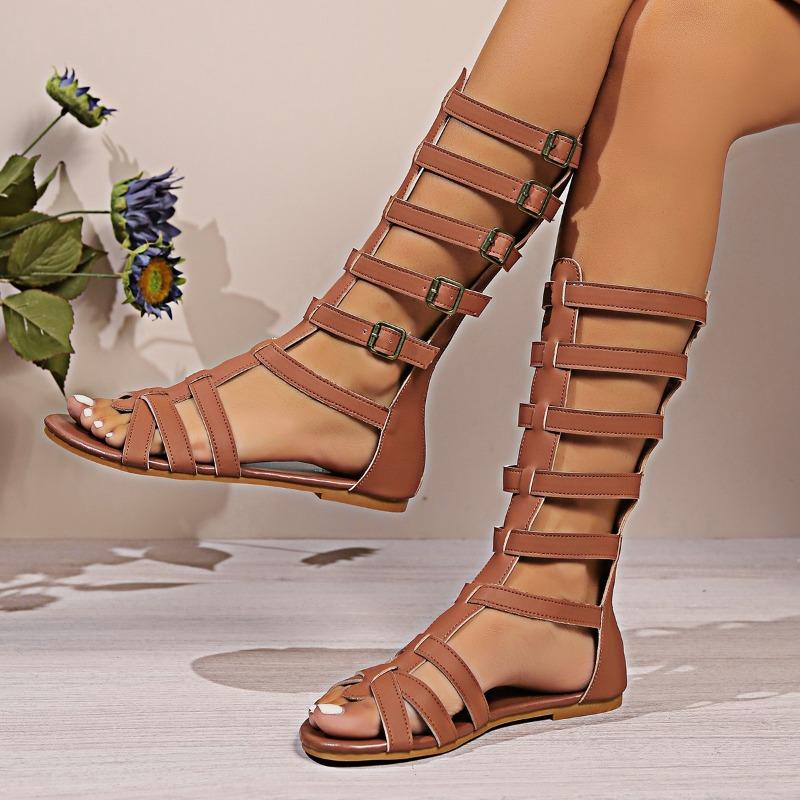New Women's Sandals Round Toe Flat Sole Hollow Mid-tube Sandal Boots Fashion Lightweight  Plus-size One Kick Women's Roman Shoes