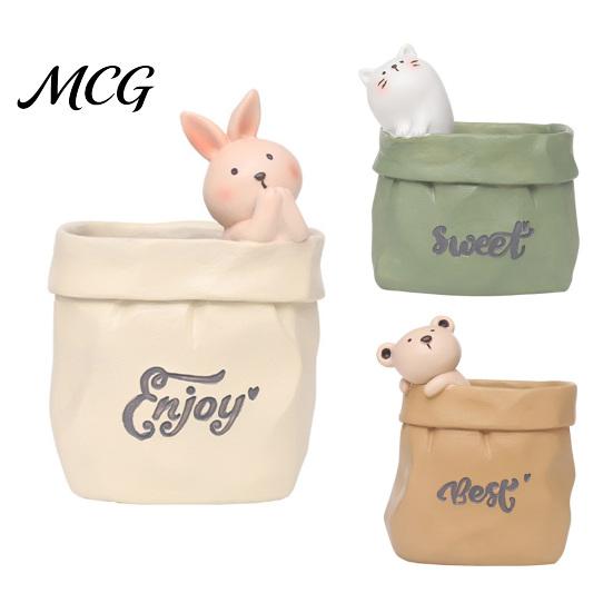 Pen Holder Wrinkled Paper Bag with Animal Decor, Resin Desk Cup Organizer & Succulents Planter, Cute Stationery Gift for Students Office Soft