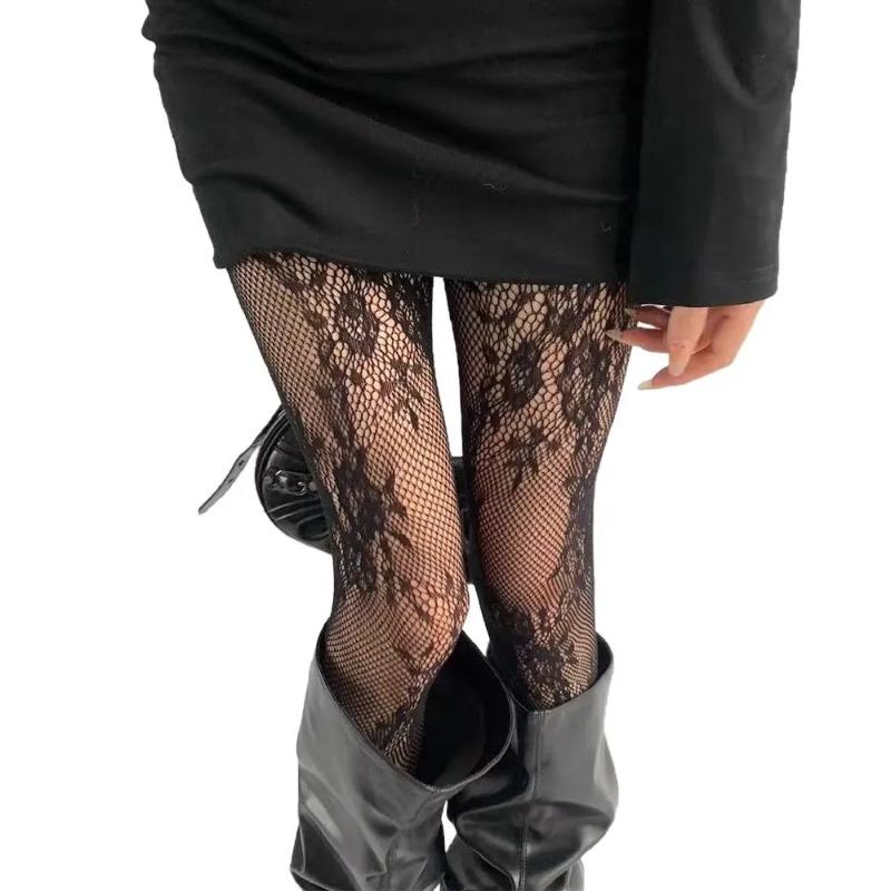 Women Sexy Hollow Out Mesh Fishnet Pantyhose Lolita Sweet Girls Punk Style Floral Tights Colorful Thigh High Stockings Lingerie