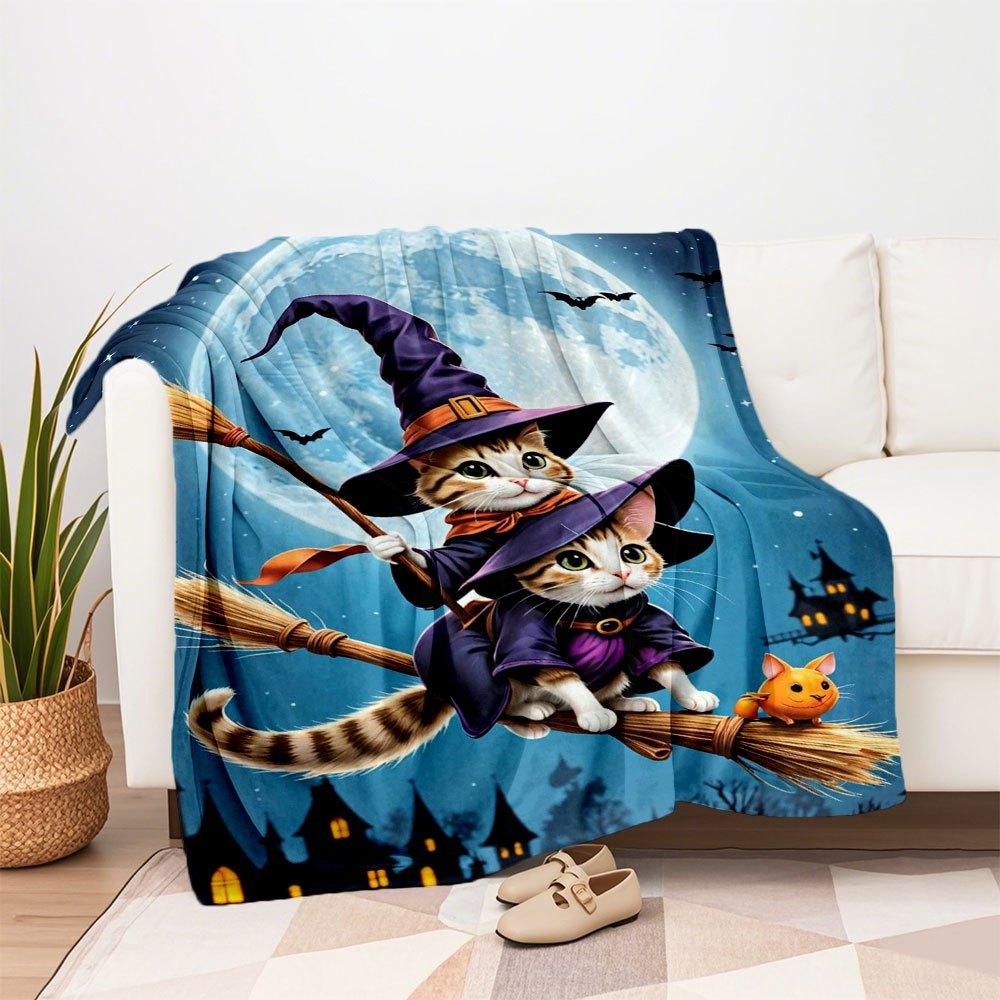 Halloween Witch Cats on Broomstick Wall Art PrintBlanket Flannel Throw Blanket for Sofa, Bed, Travel, Camping, Office, Couch, Chair