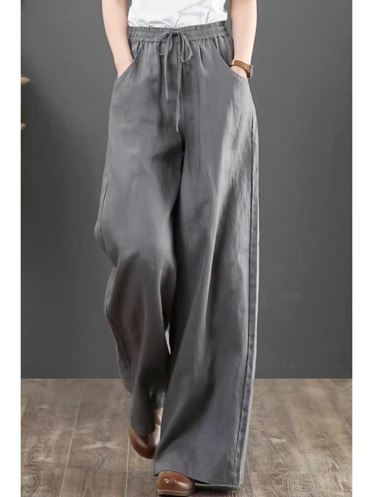 2025 Women's Plus Size Cotton Linen Wide-Leg Trousers - High Waist, Loose Fit, Straight Leg, Casual Summer Pants