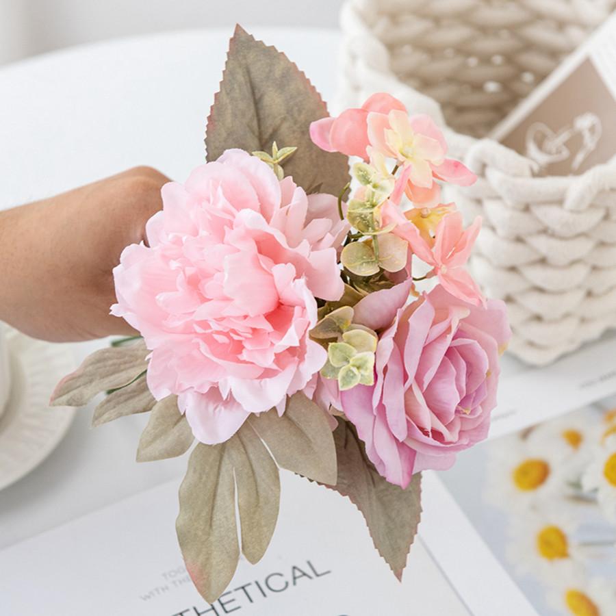 Artificial Flowers 5 Branches Silk Peony Roses Combination Home Room Decora Bridal Bouquet Wedding Wreath Accessories DIY Gifts