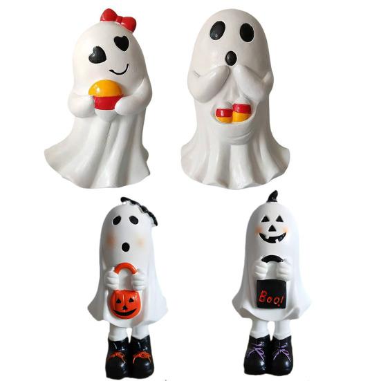 Halloweenská figurka ducha Roztomilá malá bílá soška ducha Stolní ozdoby ducha Pryskyřičné řemesla pro vnitřní venkovní verandu Domácí stolní dekorace