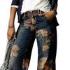 Damen Retro High Waist Wide Leg Floral Print Lange Lockere Jeans Hosen
