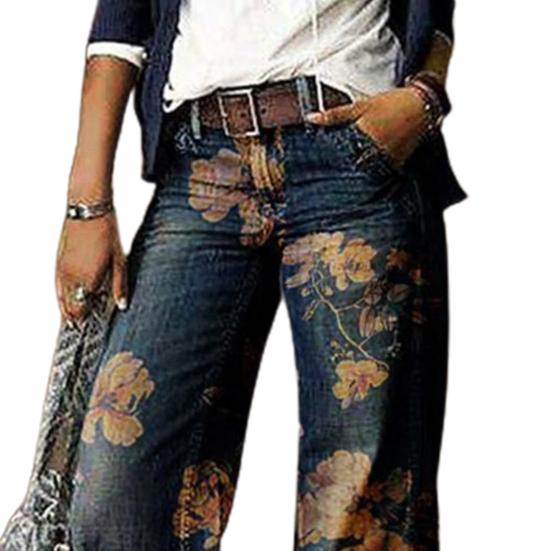 Damen Retro High Waist Wide Leg Floral Print Lange Lockere Jeans Hosen