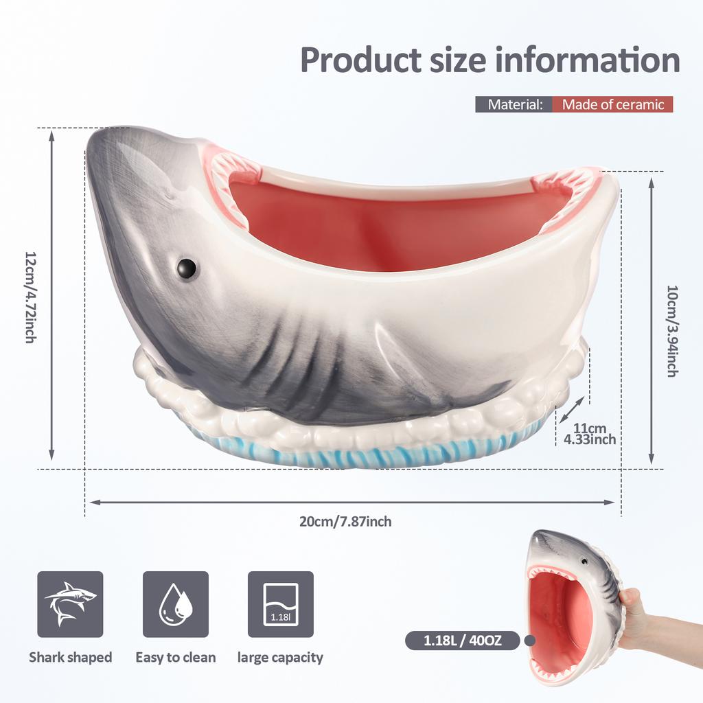 3D Shark Attack Bowl 40 OZ Large Capacity Ceramic Shark Shape Snack Bowl Decorative Candy Popcorn Container for Party Decoration