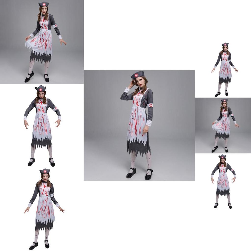 Spooky Adult Zombie Nurse Outfit With Gorgeous Dress And Hat For Halloween Parties