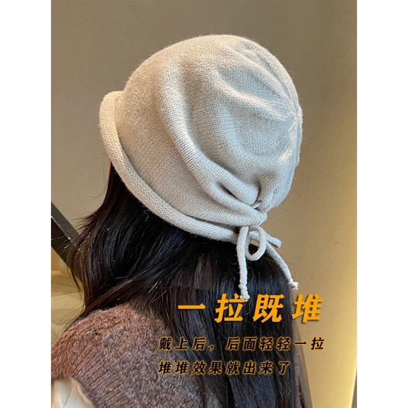 Pile Hats Female Autumn and Winter Show Face Small Bag Head Cold Hat Big Head Circumference Drawstring Crimped Knitted Wool Hat