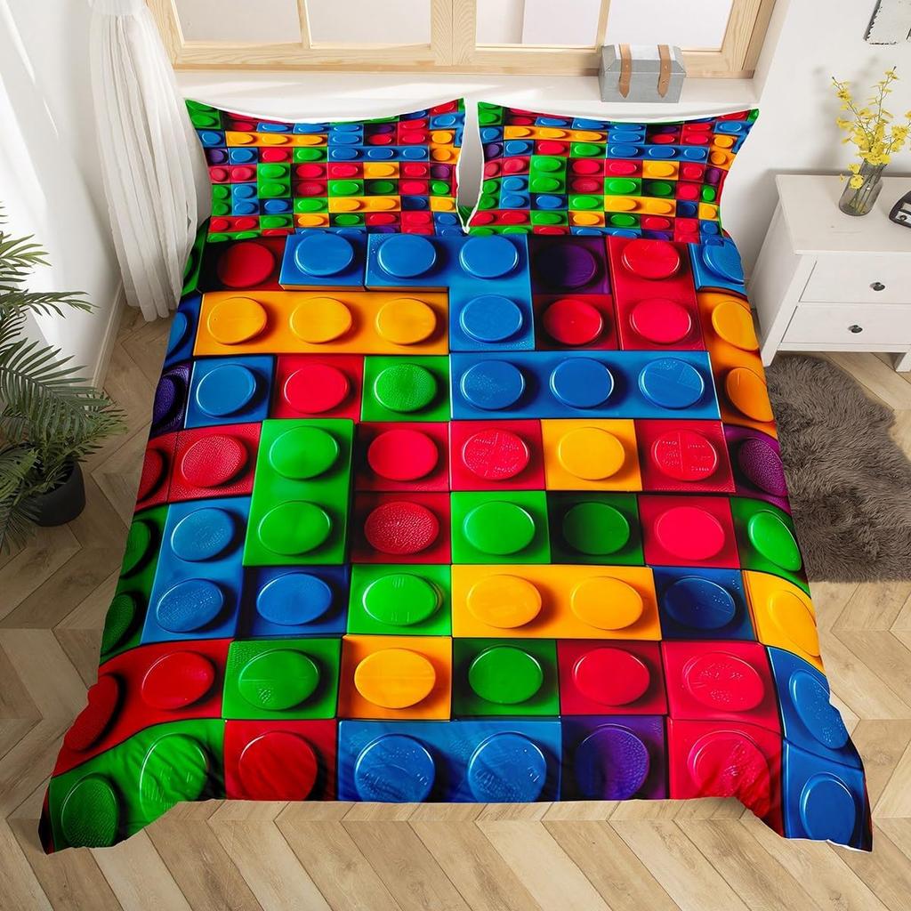 Building Block Duvet Cover Twin King Rainbow Construction Bedding Set Colorful Bricks Comforter Cover For Teen Girls Room Decor