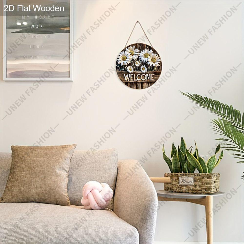 Daisy Welcome Round Wooden Hanging Sign, 2D Flat Printed Wall Door Ornament, Farmhouse Home Porch Decor Gift