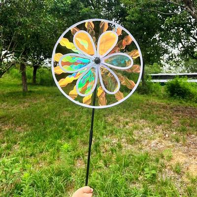 1pcs Windmill Laser Sunflower Pinwheel Double-Layer Spinning Rainbow Windmill Bird Repellent Garden Decor