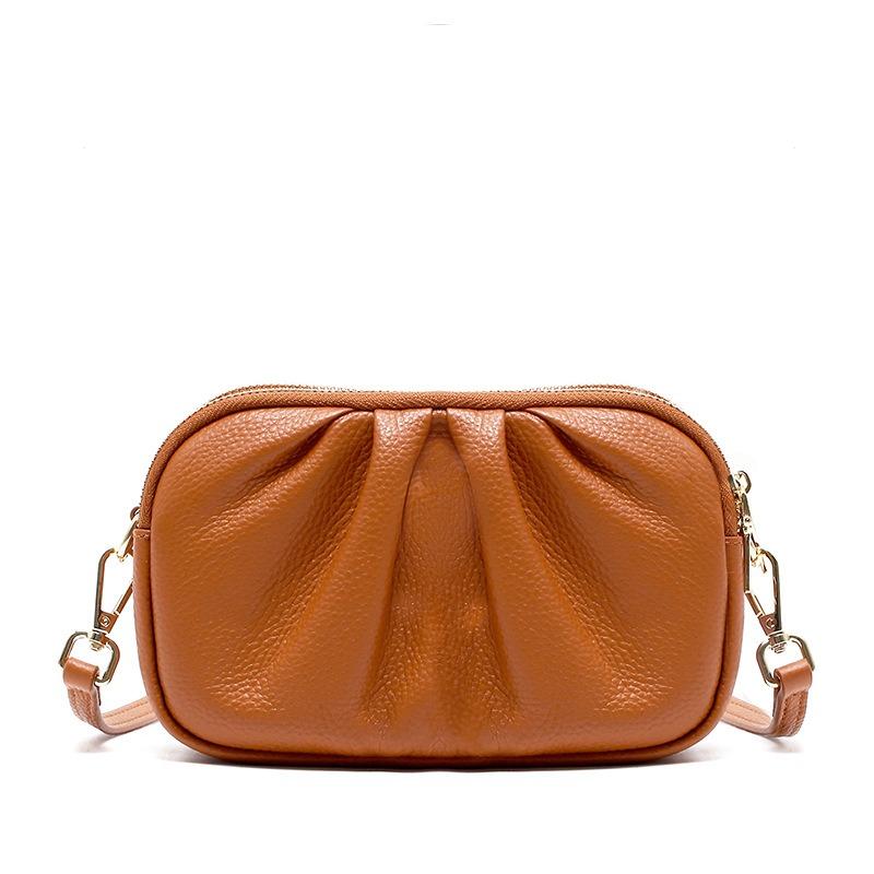 Leder-Damenhandtasche, High-End-Handytasche, neue erste Schicht Rindsleder Münztasche, dreilagige Reißverschluss-Falten-Umhängetasche.