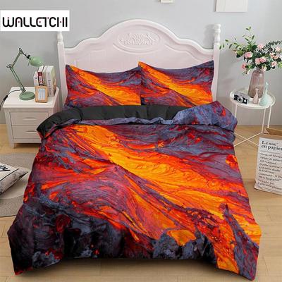 Volcano Duvet Cover Set King Size Disaster Pattern Red Yellow Comforter Cover Microfiber Lava Bedding Set for Adult Boy Men Teen