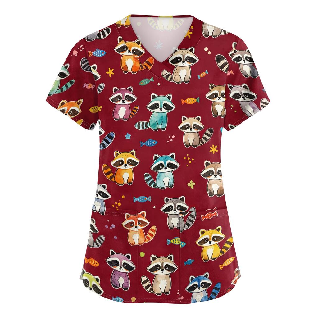 Women's V Neck Short Sleeve Work Top with Pockets Animal Print Medical Scrub Shirt for Healthcare Professionals Comfortable Fit Durable Fabric